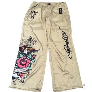 Ed Hardy Gold Pants Eagle Rose Tattoo Y2K Graphic Drawstring Large
